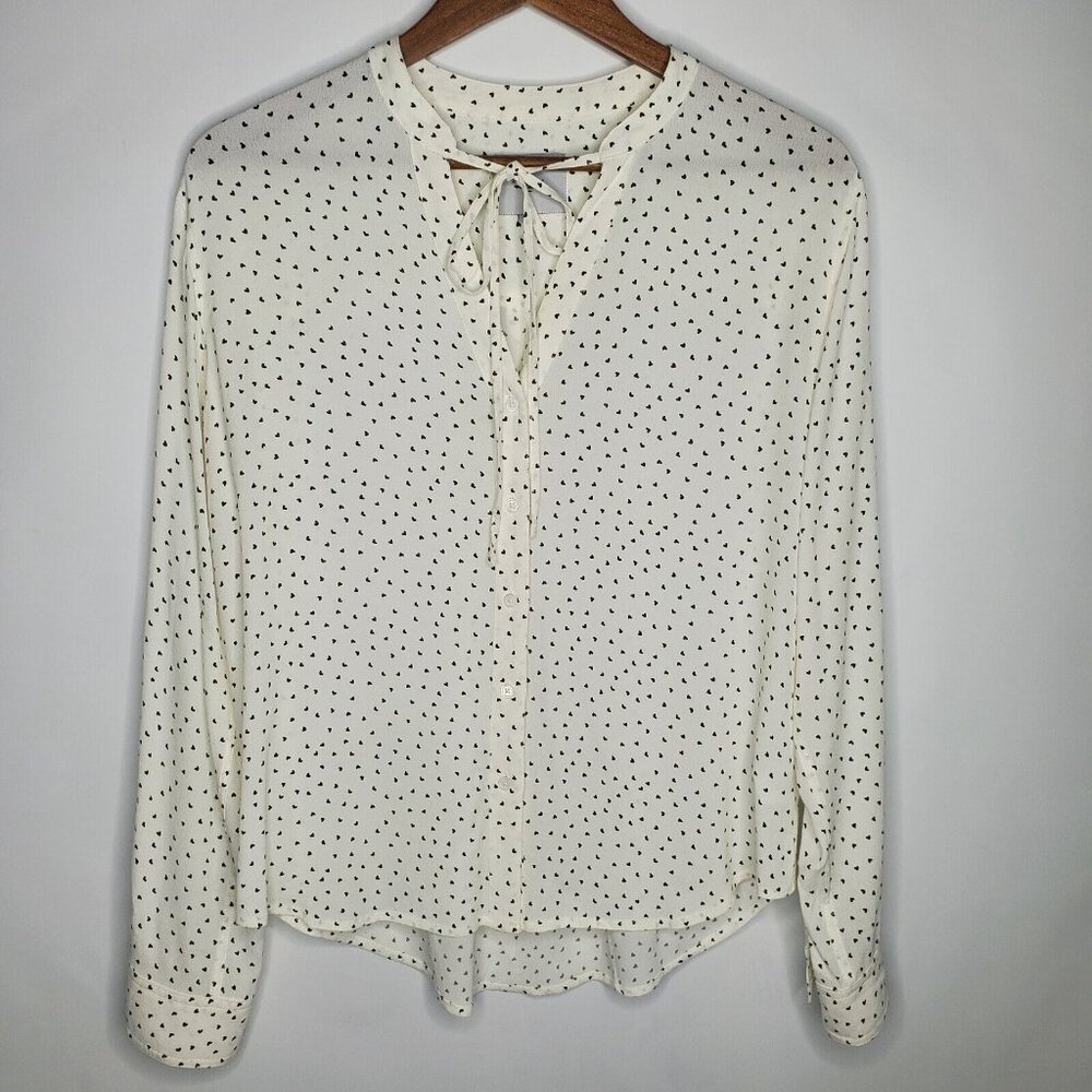 Rails Womens Casey Ivory Black Mini Heart Blouse Size S Tie Neck Button Front